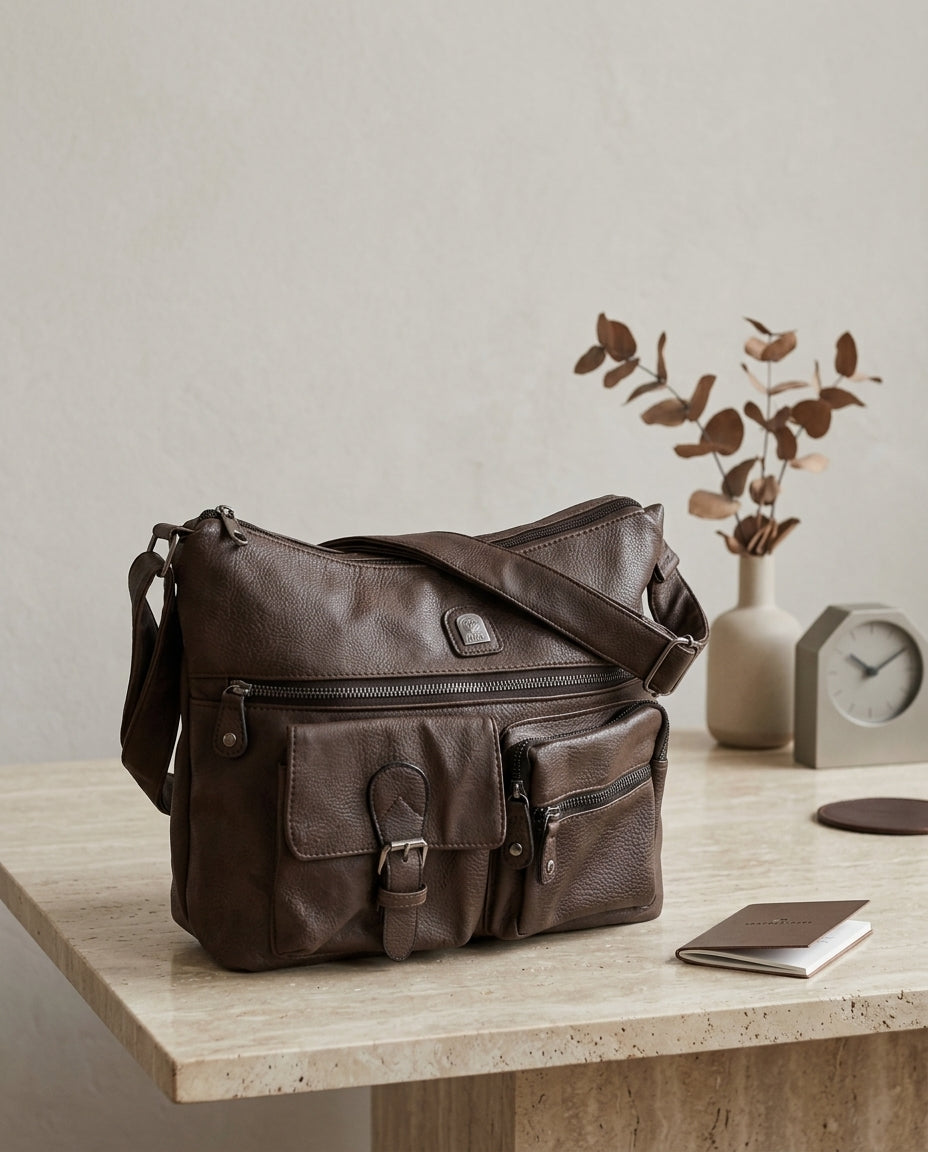 🇮🇹 J&L Firenze – Sac bandoulière marron multi-poches