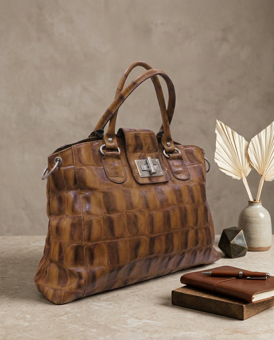 🇮🇹 Sac à main cuir véritable marron cognac effet croco – Made in Italy