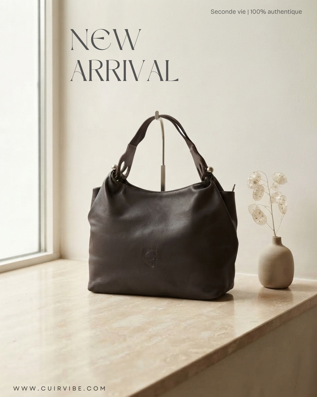 CG Accessories – Sac épaule marron foncé en cuir véritable avec pochette