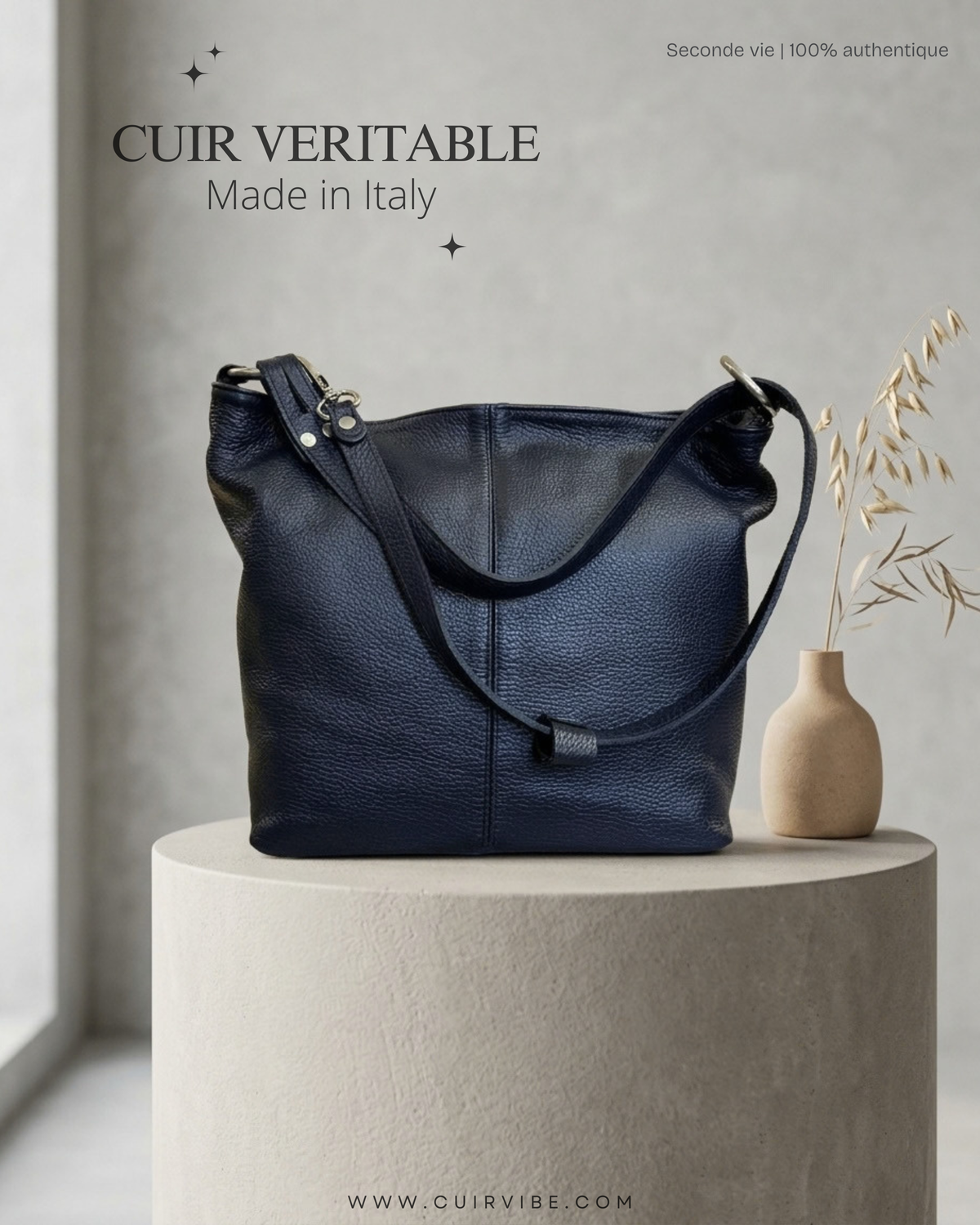 🇮🇹 Sac épaule bleu marine en cuir véritable – Made in Italy