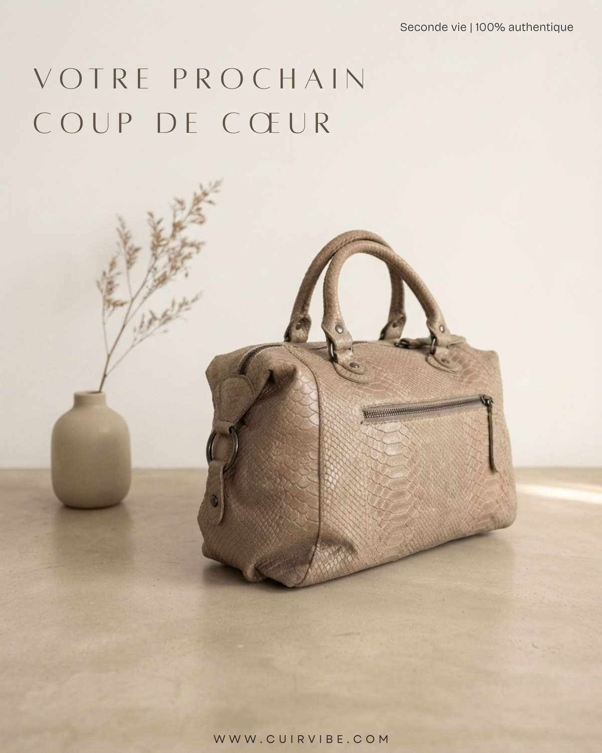 🇮🇹 Sac à main taupe effet python en cuir véritable – Made in Italy
