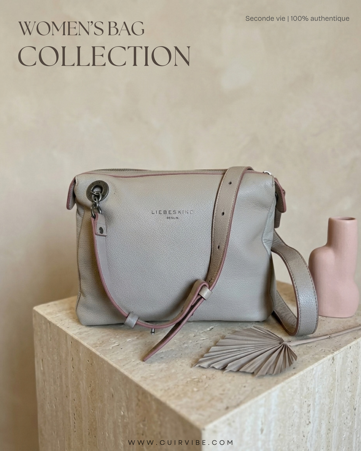 🇩🇪 Liebeskind Berlin – Sac bandoulière beige clair en cuir véritable à liserés roses
