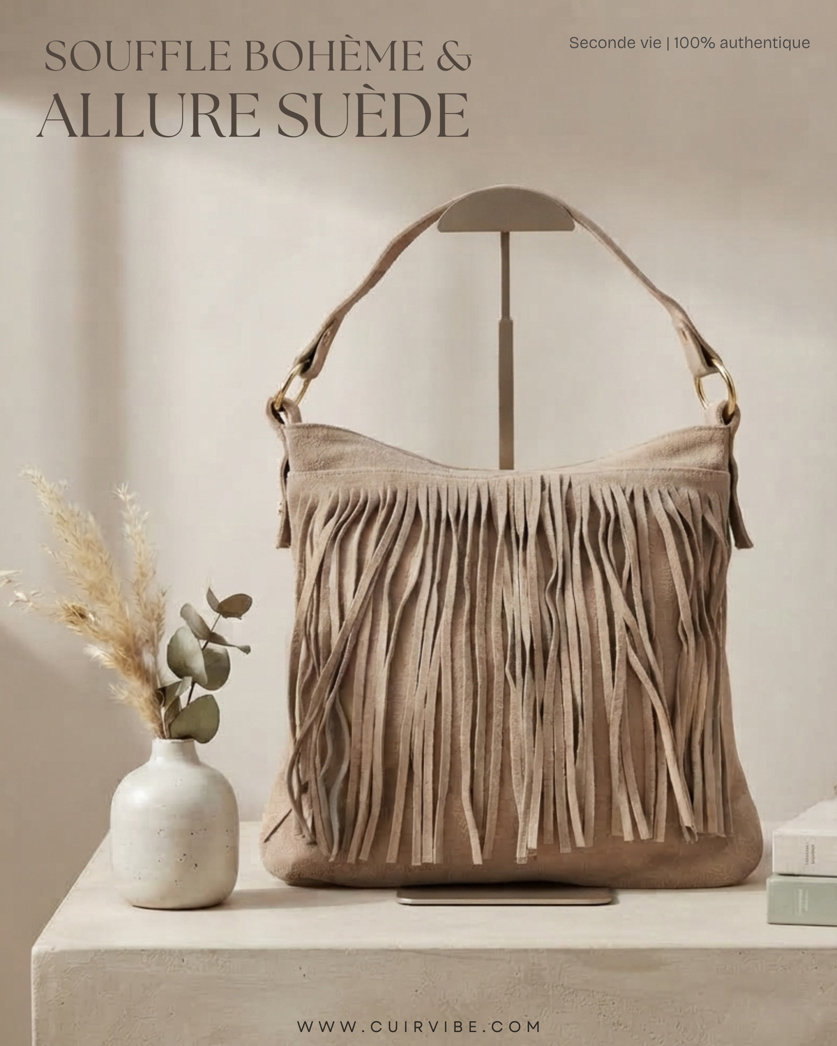 Sac épaule taupe à franges en daim véritable