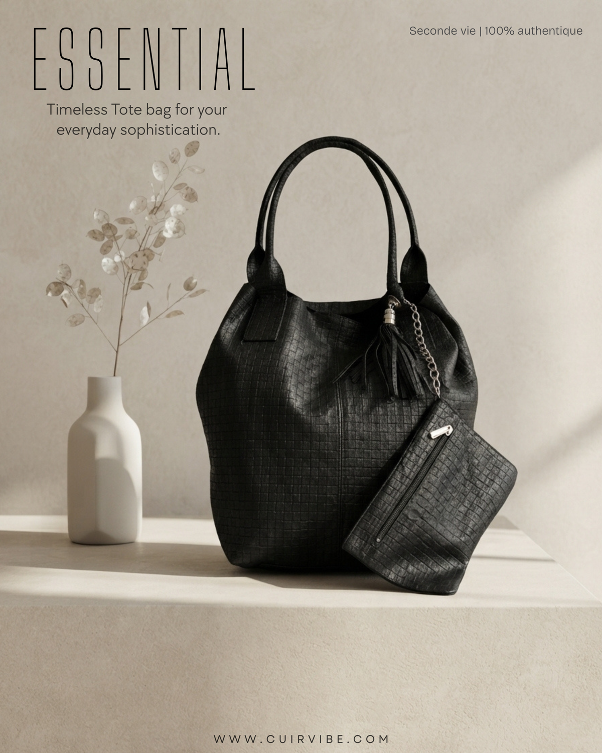 🇮🇹 Grand cabas noir texturé en cuir véritable – Made in Italy