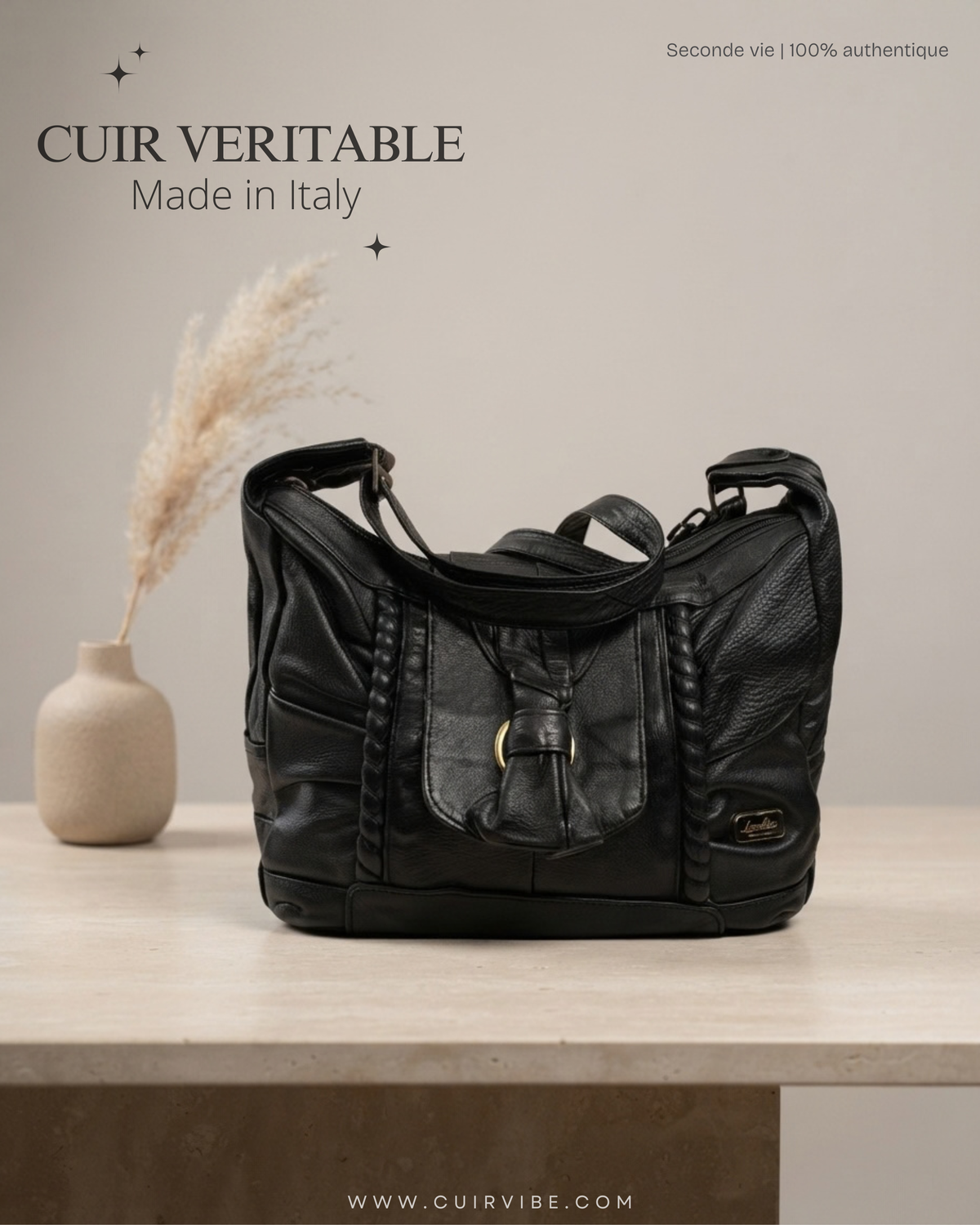 🇮🇹 Annalisa Creazioni – Sac épaule noir en cuir véritable – Made in Italy