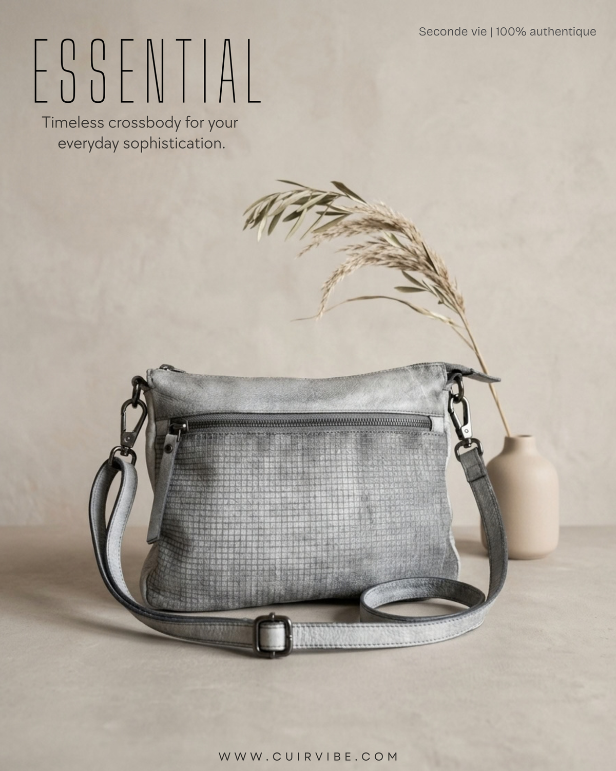 Estelle – Sac bandoulière gris argenté texturé en cuir véritable