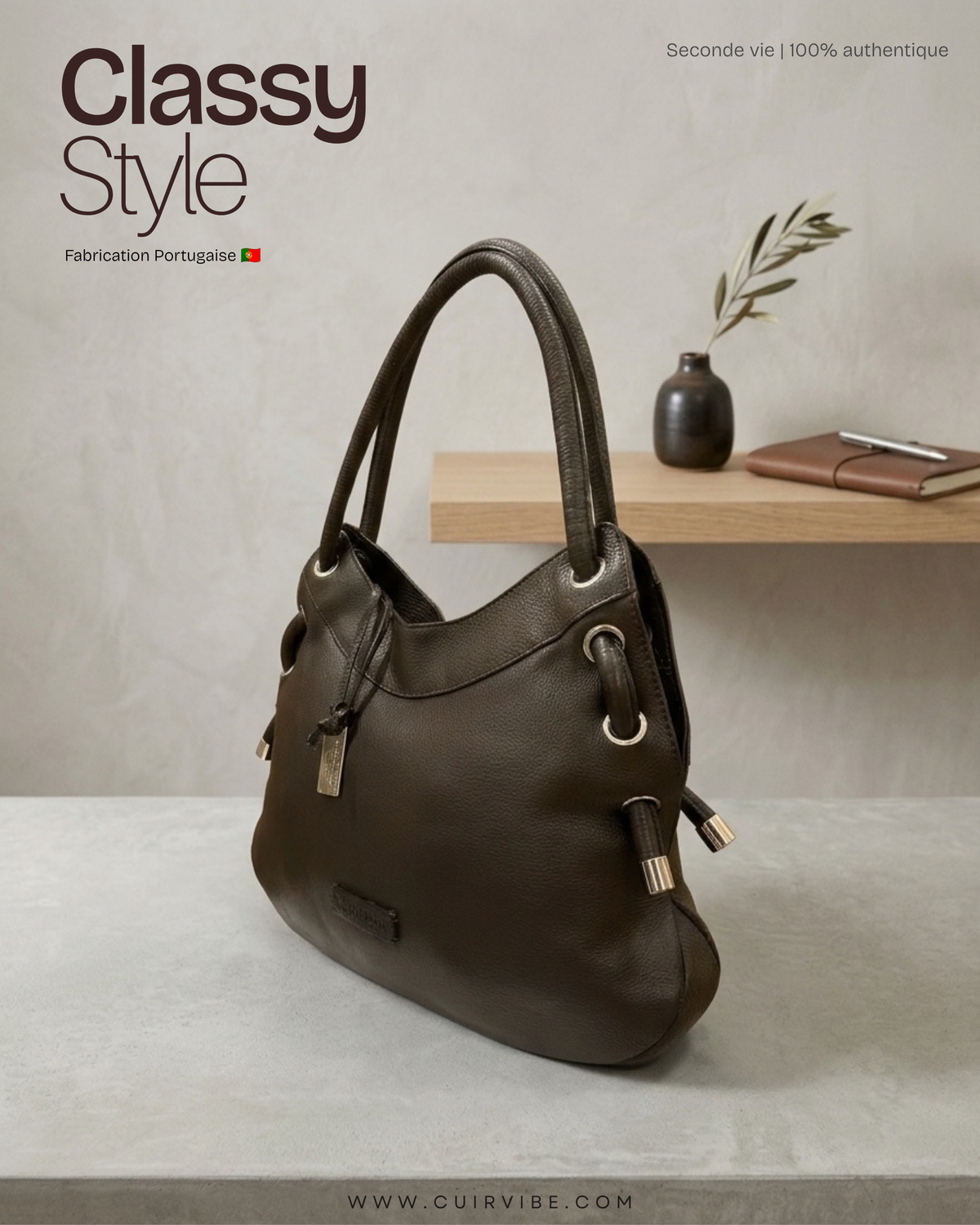 🇵🇹 Marta Ponti – Sac à main marron en cuir véritable