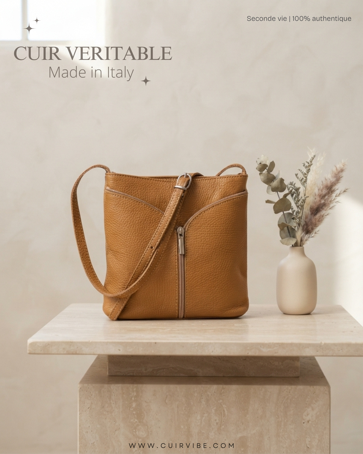 🇮🇹 Borse in Pelle – Petit sac bandoulière camel en cuir véritable – Made in Italy