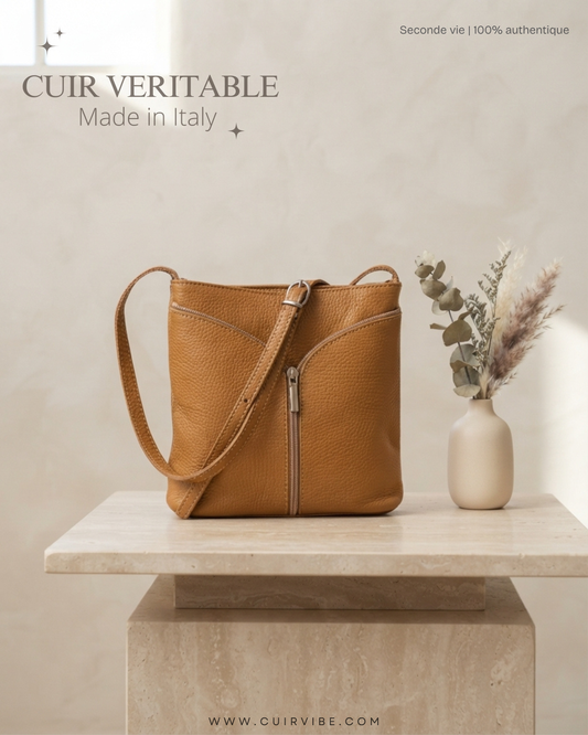 🇮🇹 Borse in Pelle – Petit sac bandoulière camel en cuir véritable – Made in Italy