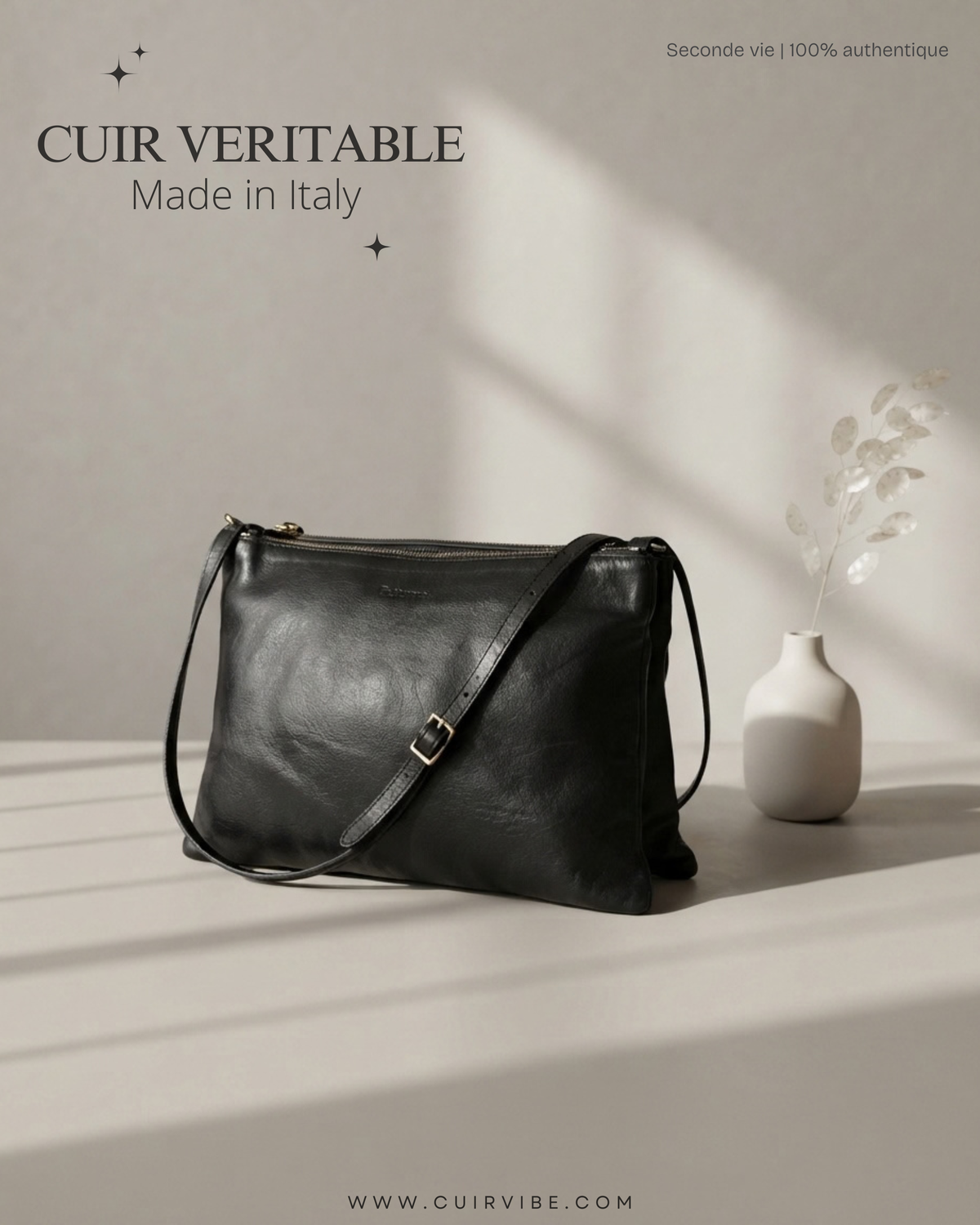 🇧🇪 Bellerose – Sac bandoulière noir en cuir de veau – Made in Italy