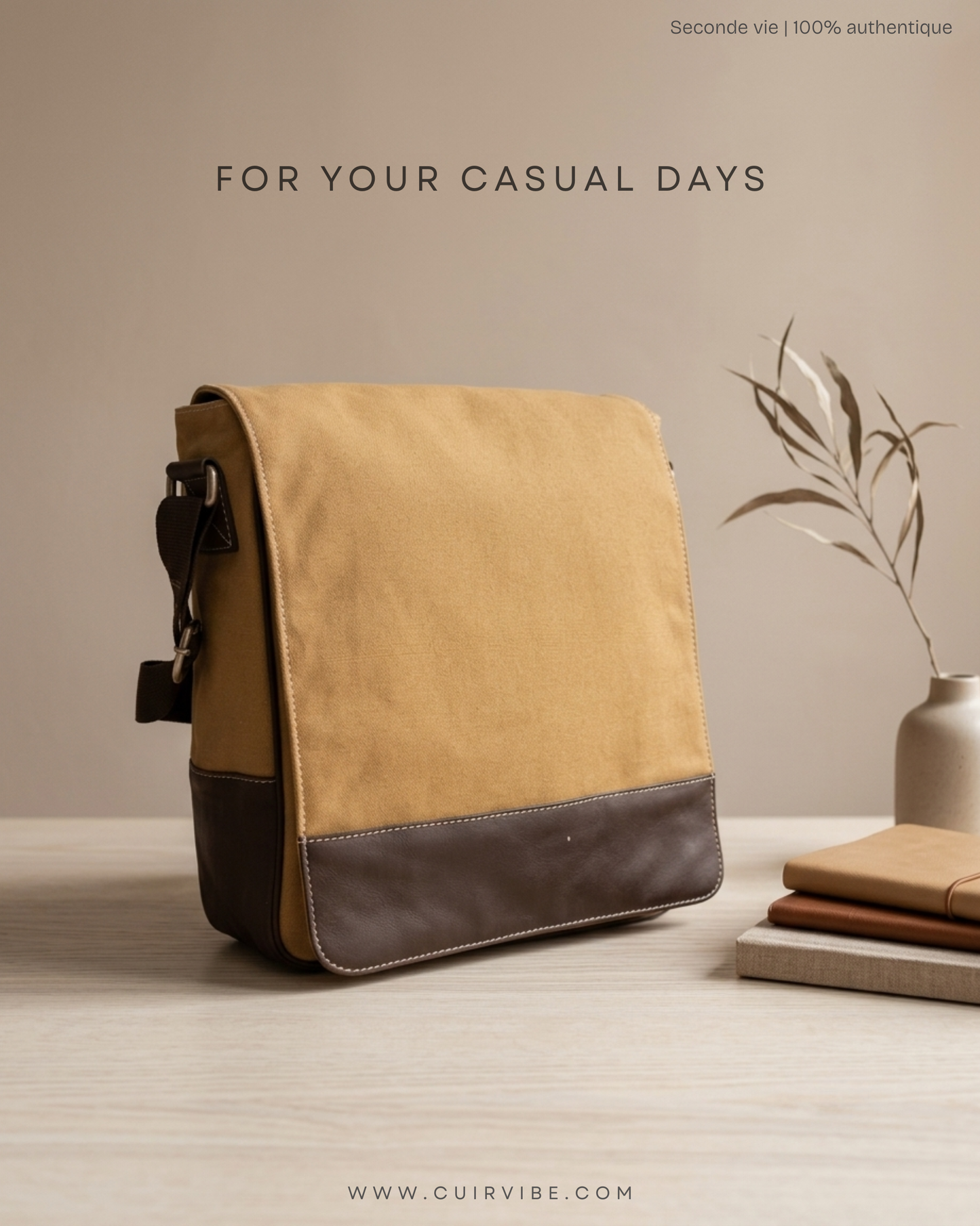 Sac messenger beige et marron en tissu et cuir
