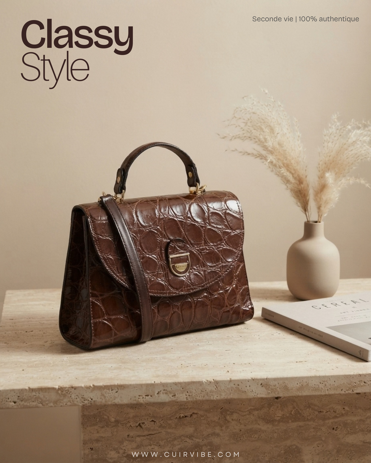 La Toscana – Sac à main marron effet croco à poignée et bandoulière