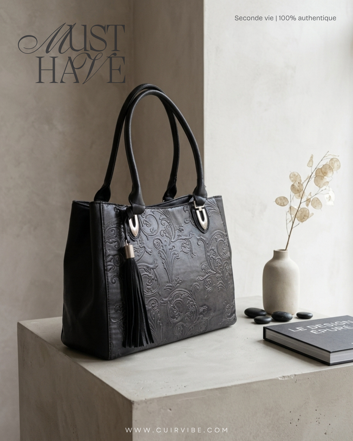 Grand cabas Floral gris et noir à motifs baroques embossés