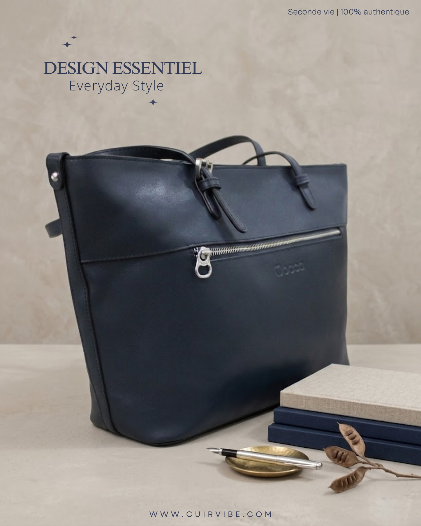 Sac shopping Mocca en cuir bleu marine