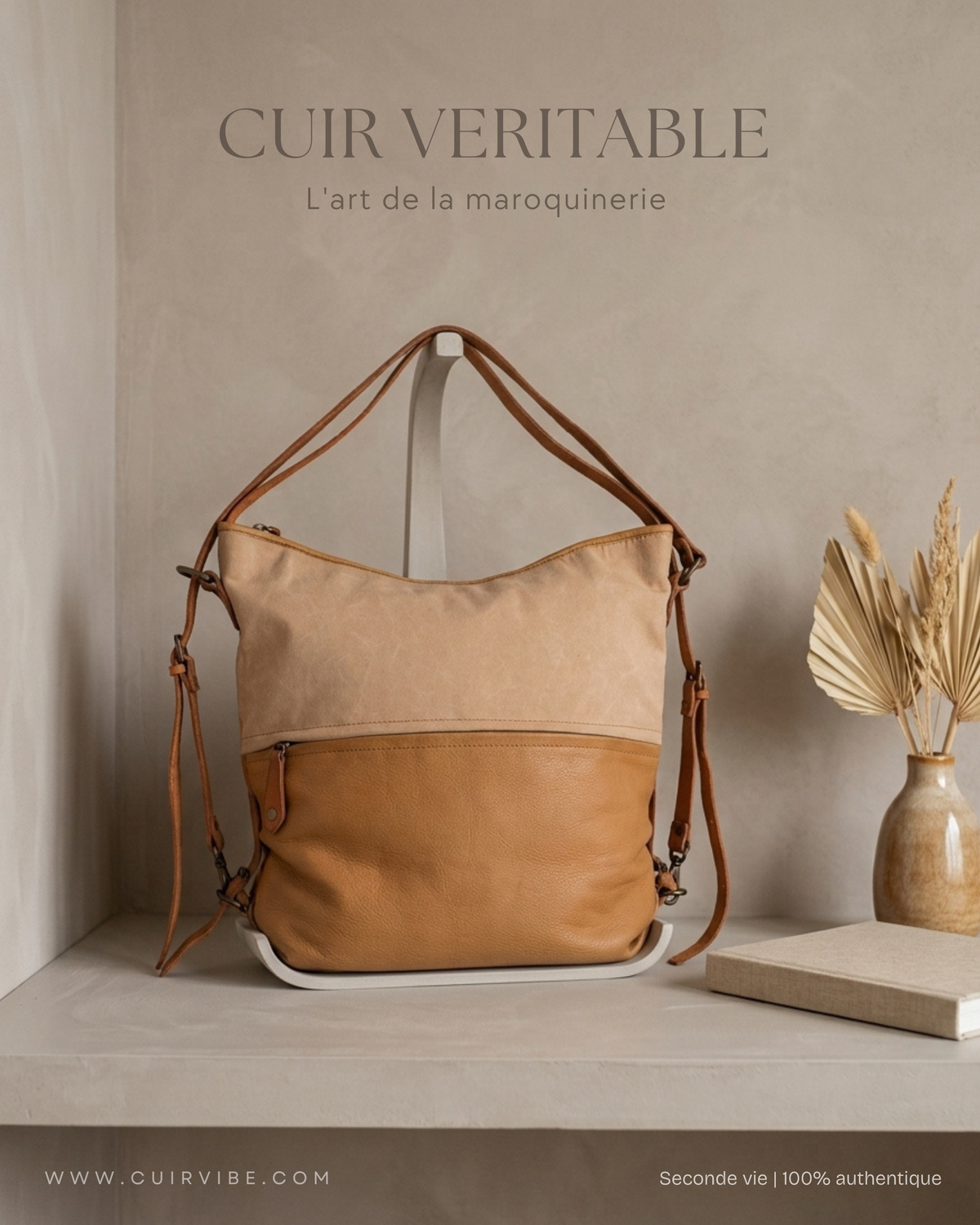 Sac convertible bicolore beige et camel en cuir véritable