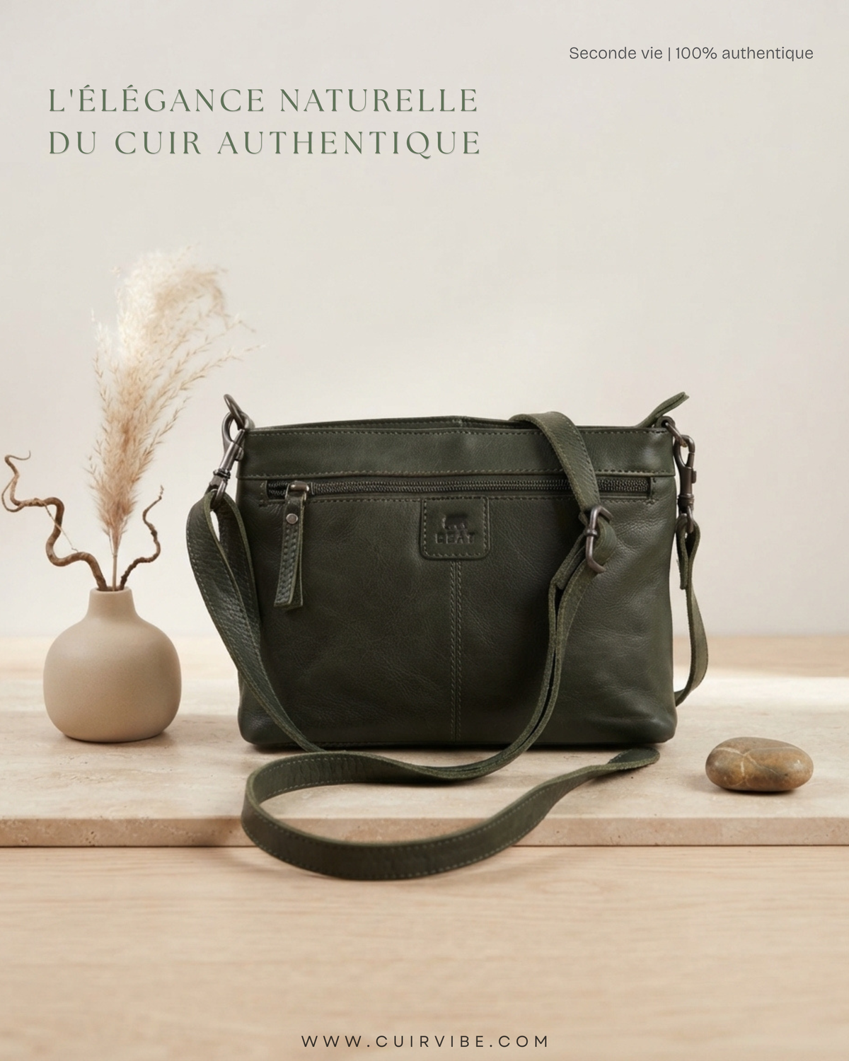 🇳🇱 Bear Design – Sac bandoulière vert foncé en cuir véritable multi-poches
