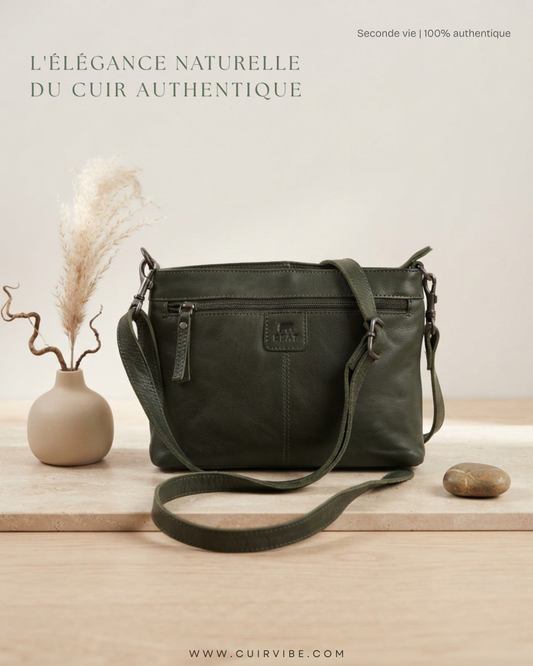 🇳🇱 Bear Design – Sac bandoulière vert foncé en cuir véritable multi-poches
